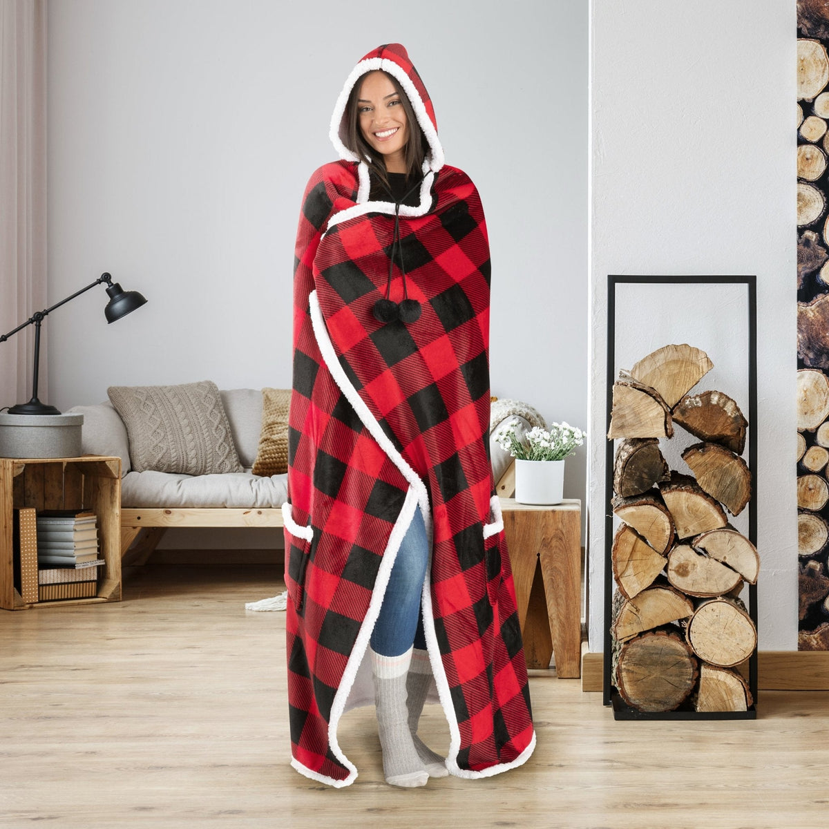 Red & Black Hooded Flannel Blanket